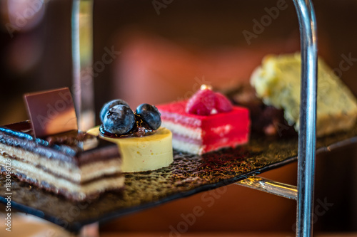 three tier afternoon tea set and pastries