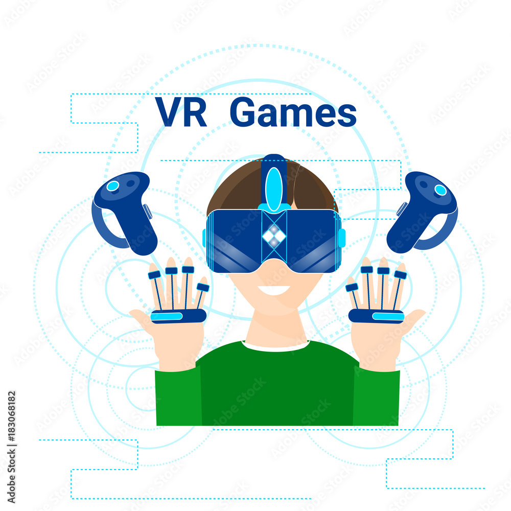 Vr Games Banner Man Wearing Virtual Reality Headset Modern Gaming Technology Concept Vector Illustration Vr Games Banner Man Wearing Virtual Reality Headset Modern Gaming Technology Concept Vector Illustration