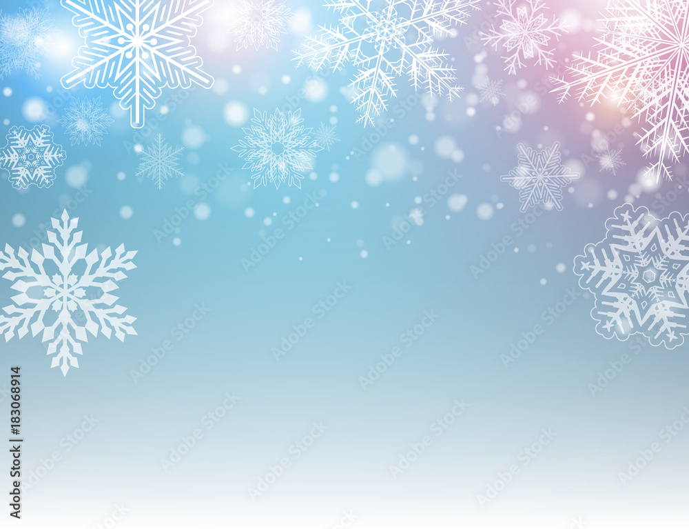 Christmas background with snowflakes, winter blue snow background