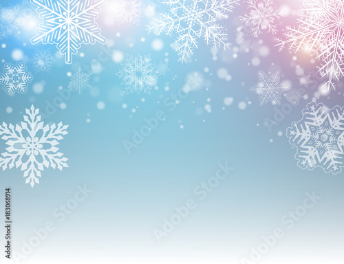 Christmas background with snowflakes, winter blue snow background