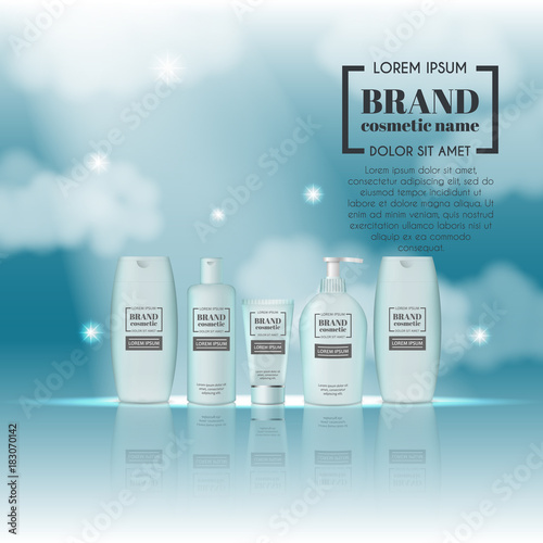 3D realistic cosmetic bottle ads template. Cosmetic brand advertising concept design on sky background with clouds