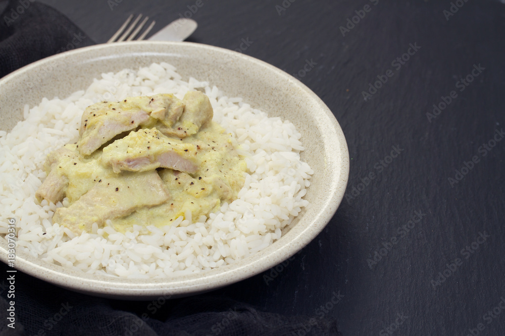 turkey curry with boiled rice on plate turkey curry with boiled rice on plate