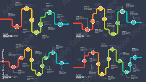 Seven-ten steps timeline or milestone infographic charts.