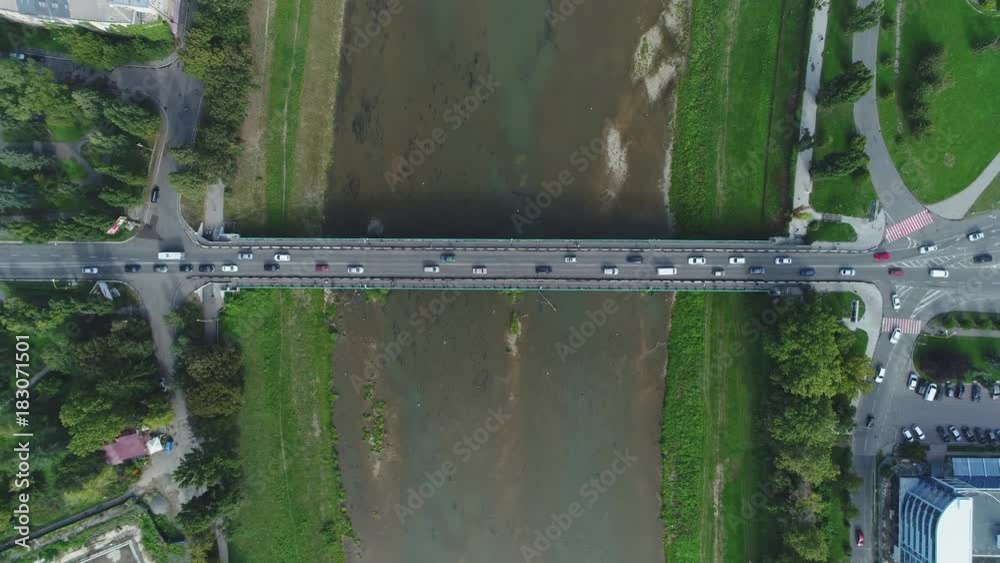 Aerial Motion Timelapse (Time-Lapse) of Bridge and Transport ower the River, Uzhgorord, Ukraine