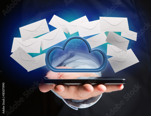 Blue cloud surrounded by realistic envelope email displayed on a futuristic interface - 3d rendering