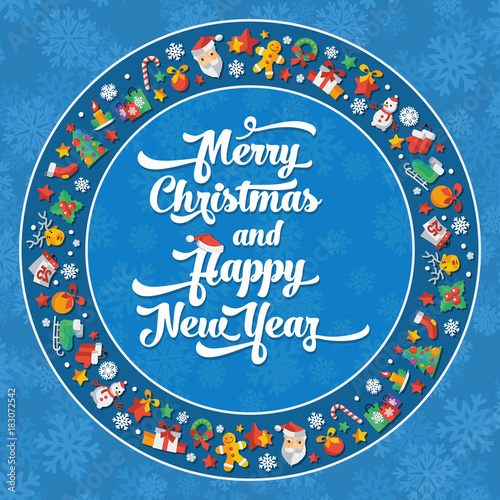 Illustration of Christmas and Happy New Year flat design postcar