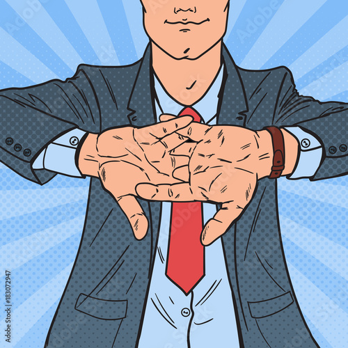 Pop Art Successful Businessman Rubbing His Hands. Business Motivation. Vector illustration
