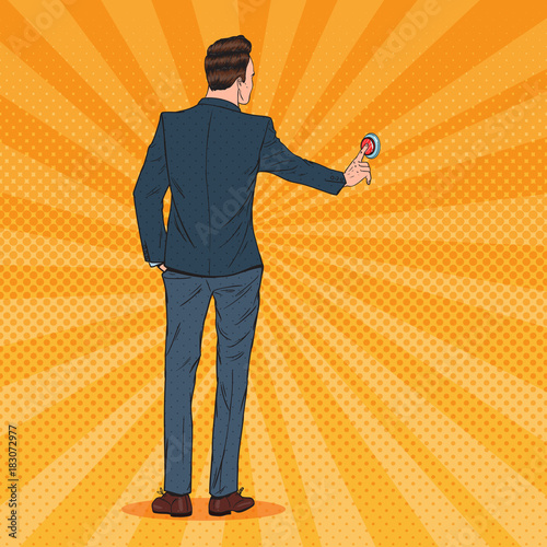 Pop Art Businessman Pressing a Red Button. Emergency Call. Vector illustration