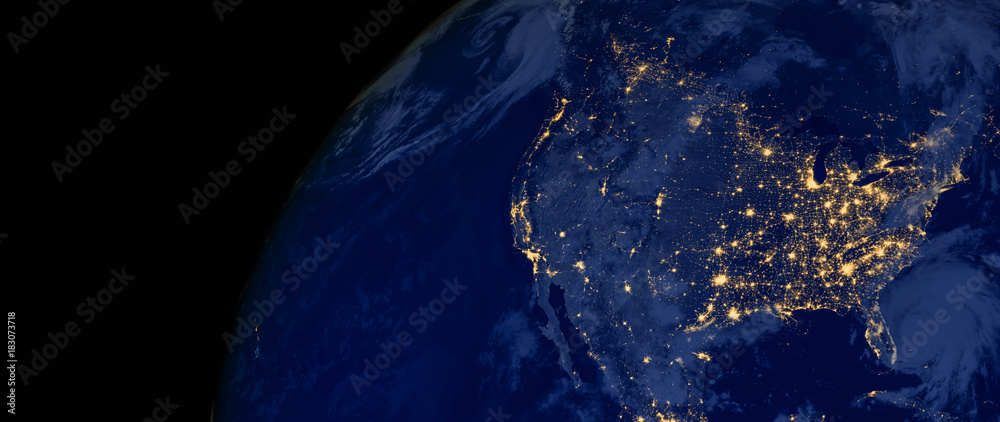 Obraz Stany Zjednoczone Ameryki świecą w nocy, jak to wygląda z kosmosu. Elementy tego obrazu są dostarczane przez NASA