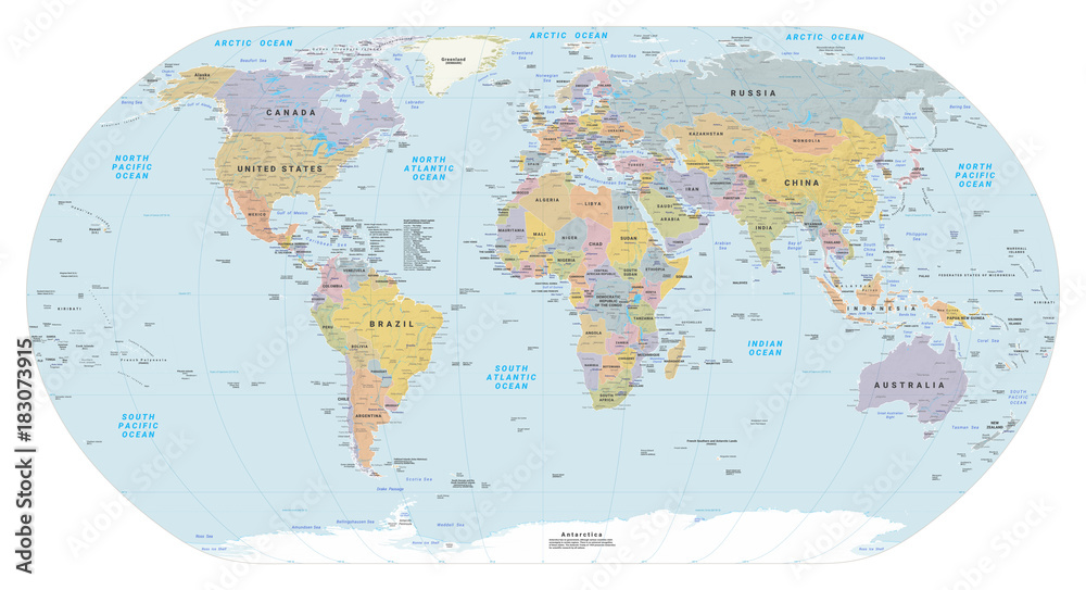 Fototapeta Bardzo szczegółowa mapa polityczna świata. Wektor EPS 10