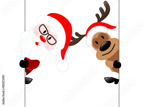 Reindeer & Santa Claus Diagonal Banner on White, Stock Vector Illustration