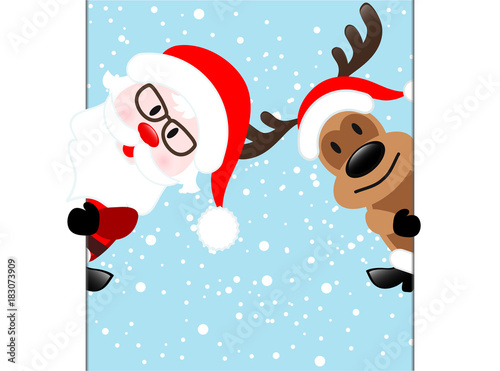 Reindeer & Santa Claus Diagonal Banner on Blue Snow Background, Stock Vector Illustration