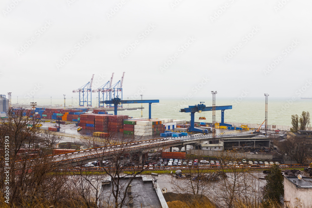 seaport with containers and loaders in Odessa