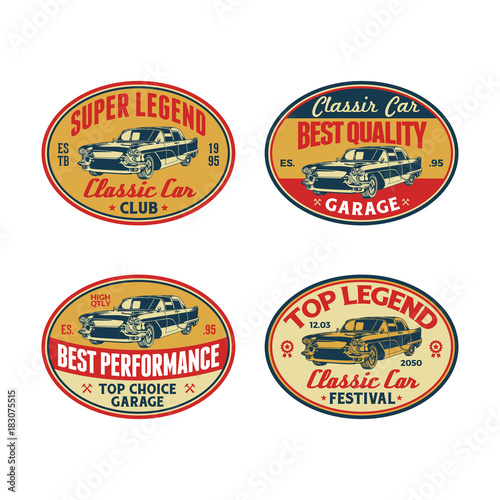 Set of Colored Old Retro Style Vintage Classic Car Vector Logo, Badge, Emblem, Icon, Sticker. Car Wash, Workshop Repair, Service, Community, Club, Car Show, Exhibition, Festival Element