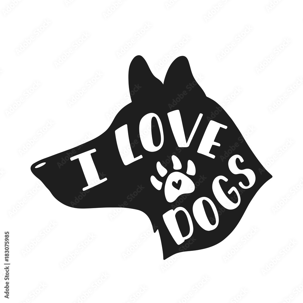 I love dogs. Handwritten inspirational quote about dog. Typography lettering design. Black and white vector illustration EPS 10 I love dogs. Handwritten inspirational quote about dog. Typography lettering design. Black and white vector illustration EPS 10