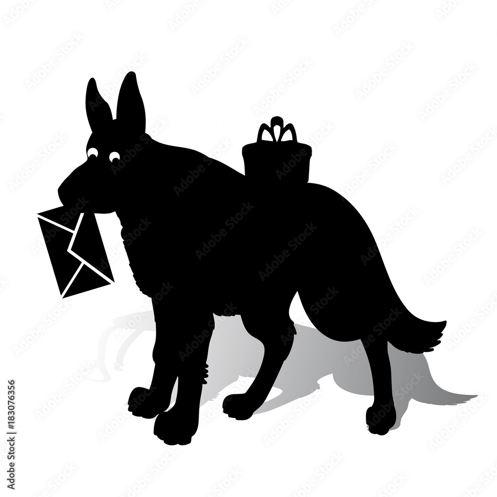 Symbol of the year, dog silhouette holding an envelope in the teeth, cartoon on a white background,