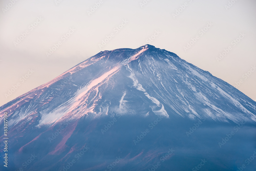 Close-up mount Fuji with snow cover in morning at Kawaguchiko