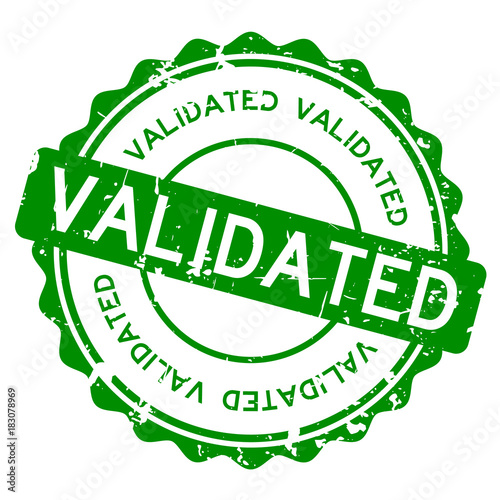 Grunge green validated wording round rubber seal stamp on white background