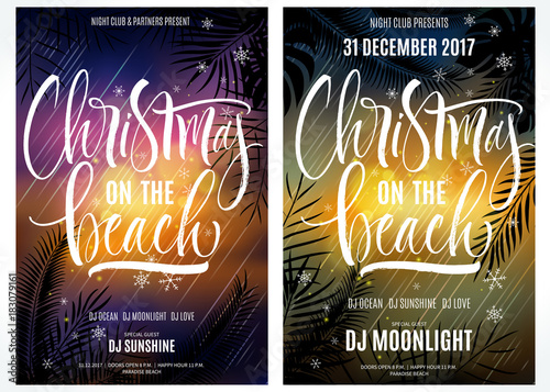 Christmas On The Beach Lettering with tropical plant leaves. Handwritten modern calligraphy, brush painted letters. Vector illustration. Template for banners, posters, greeting cards or photo overlays