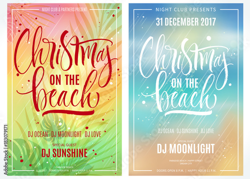 Christmas On The Beach Lettering with tropical plant leaves. Handwritten modern calligraphy, brush painted letters. Vector illustration. Template for banners, posters, greeting cards or photo overlays