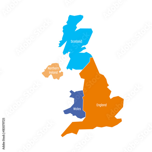 United Kingdom, UK, of Great Britain and Northern Ireland map. Divided to four countries - England, Wales, Scotland and NI. Simple flat vector illustration.