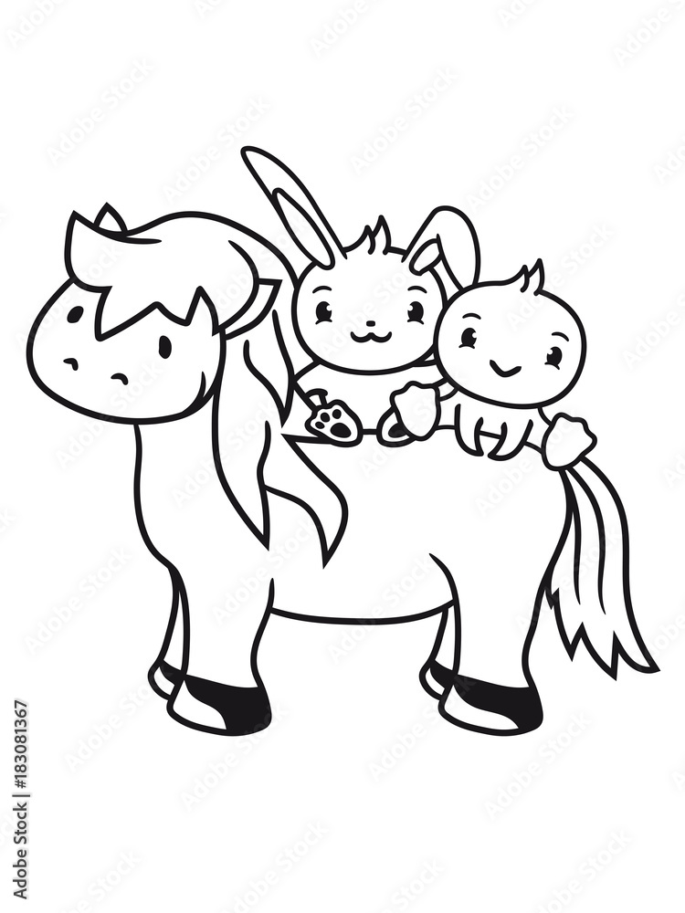 Fototapeta premium 2 freu7nde team paar reiten hase kaninchen vogel vögelchen häschen küken huhn kleines süßes niedlich pony fohlen junges baby kind comic clipart cartoon pferd