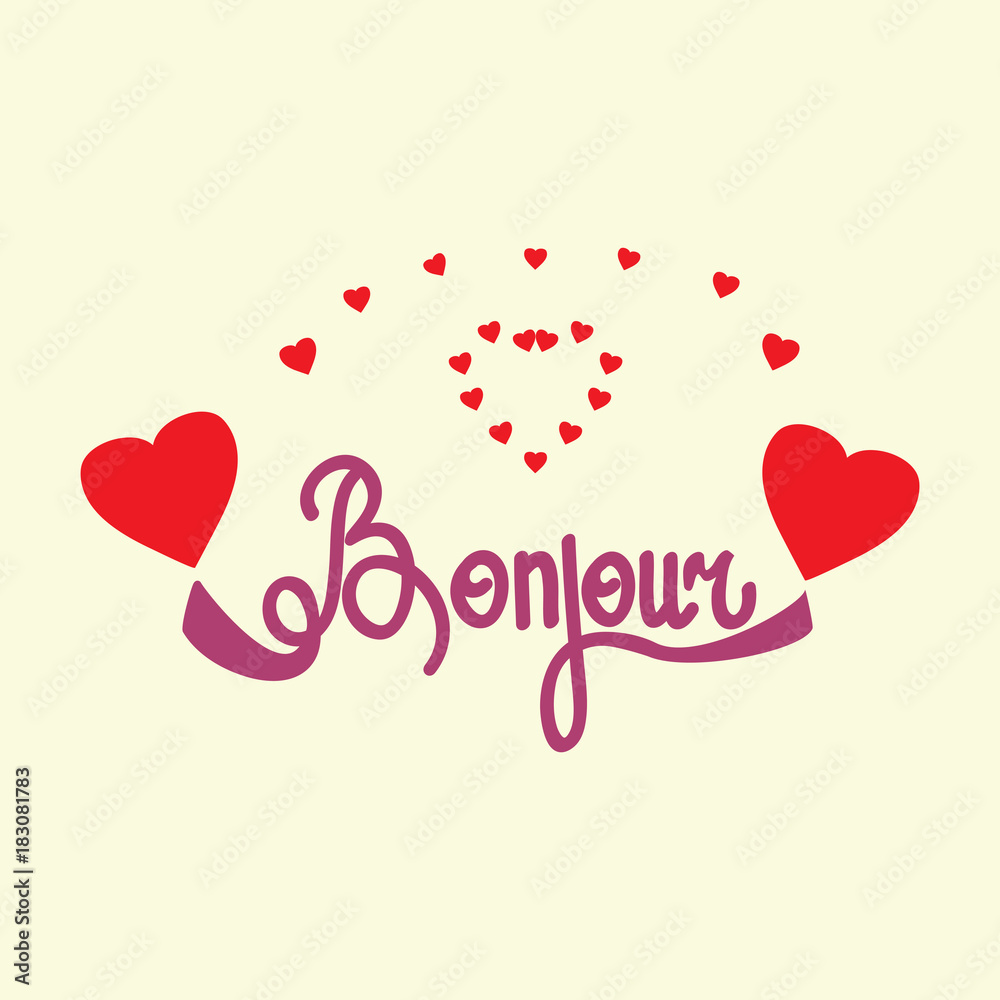 Lettering bonjour and heart on beige background