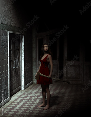 3d illustration of Woman with an old axe in hand,Surivor in haunted house