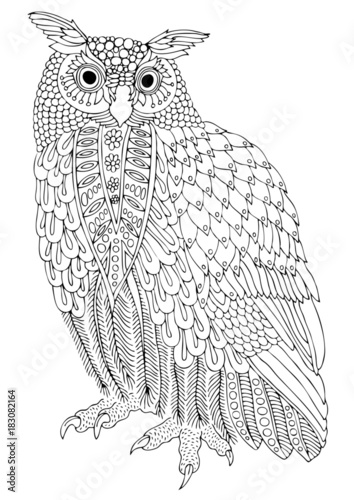 Eurasian eagle-owl. Hand drawn owl. Sketch for anti-stress adult coloring book in zen-tangle style. Vector illustration for coloring page.