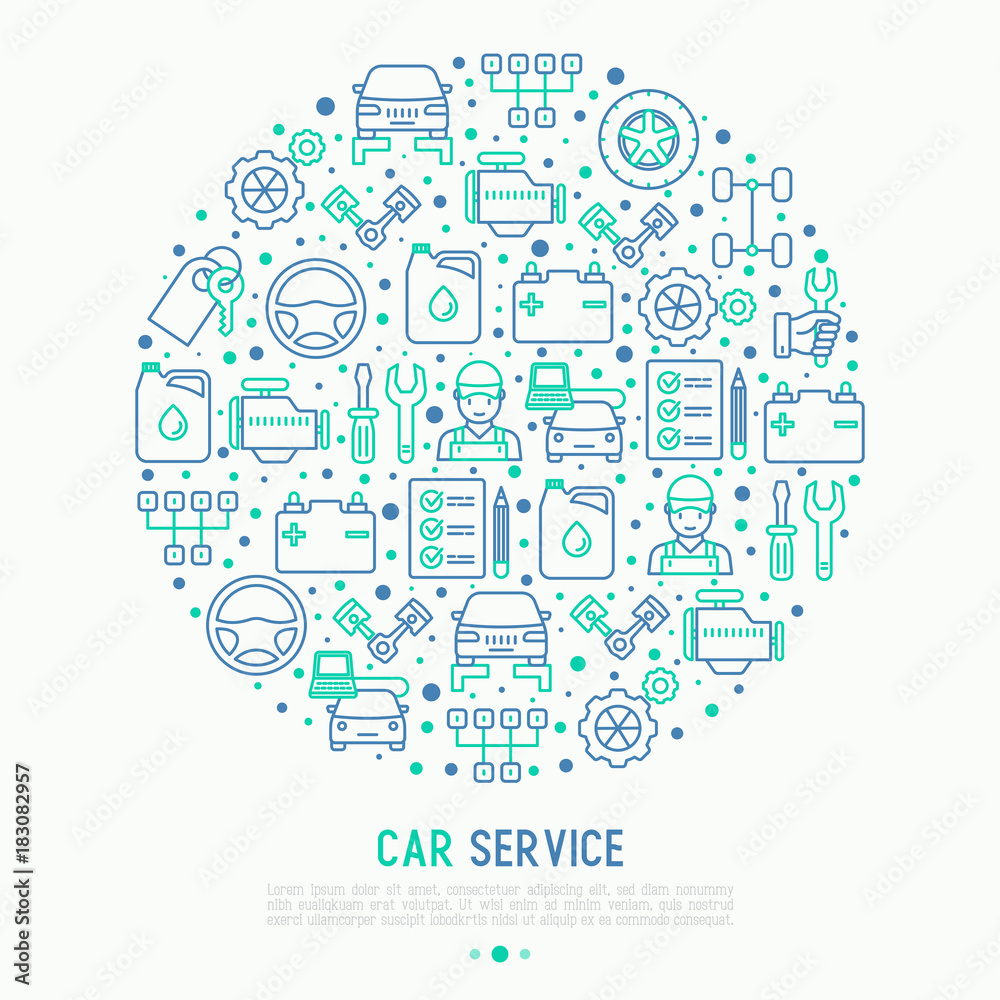 Car service concept in circle with thin line icons of mechanic, computer diagnostics, tools, wheel, battery, transmission, jack. Modern vector illustration for banner, web page, print media.