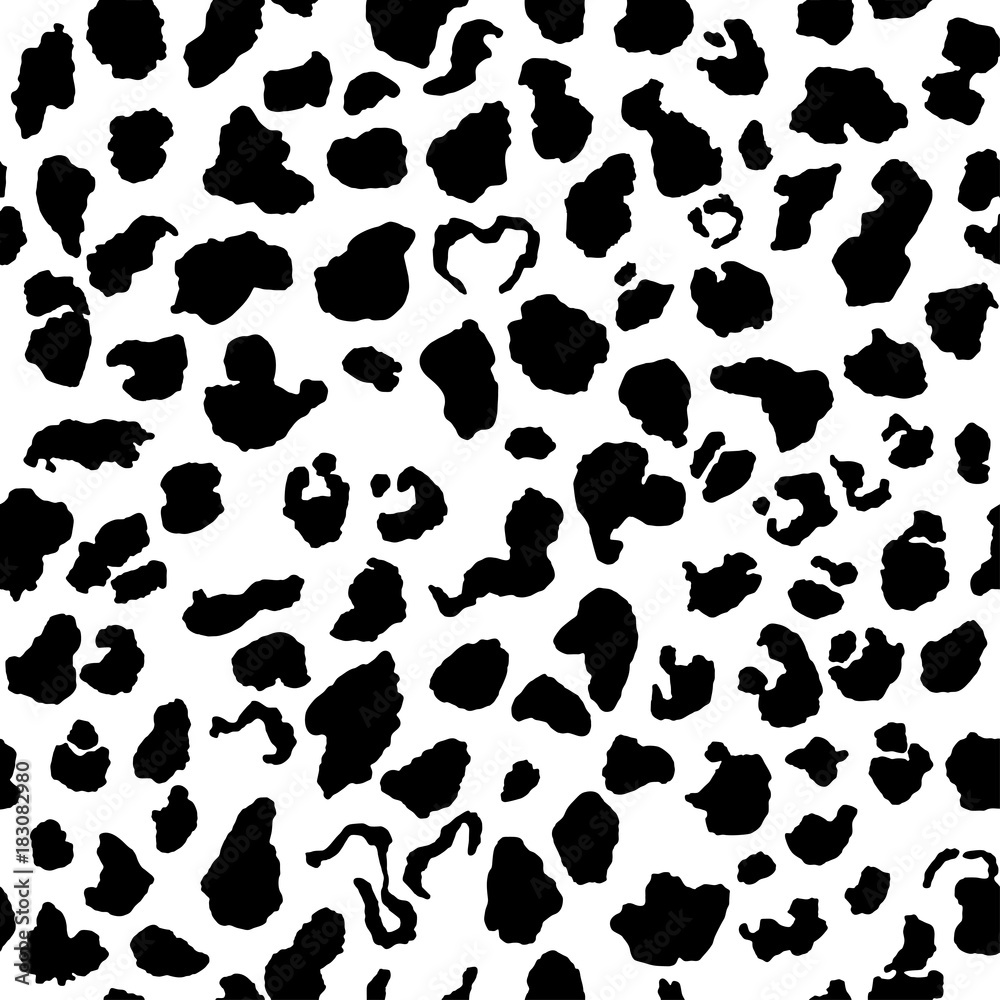 Cow skin. Dalmatians dog spots. animal skin seamless pattern. Black and white. Animal print texture. Vector background.