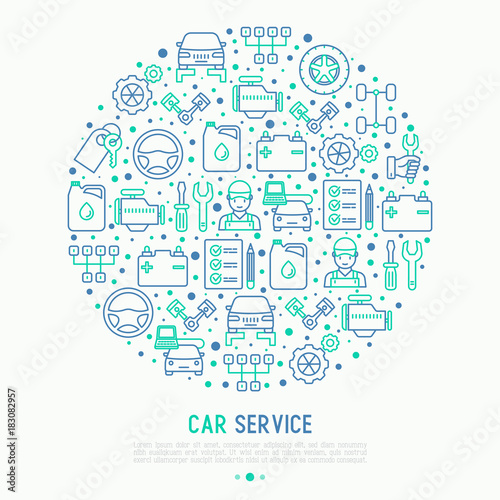 Car service concept in circle with thin line icons of mechanic, computer diagnostics, tools, wheel, battery, transmission, jack. Modern vector illustration for banner, web page, print media.