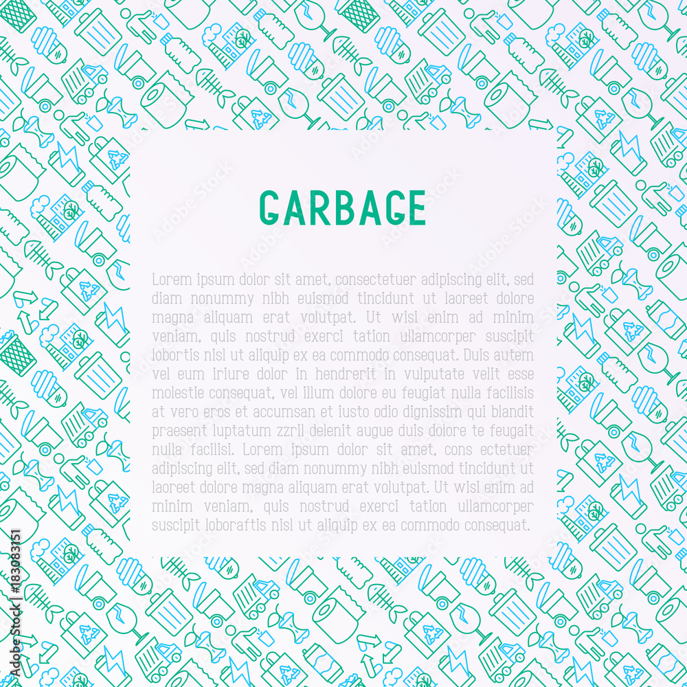 Garbage concept with thin line icons: garbage bin, organic trash, garbage truck, glass, recycled paper, aluminium, battery, plastic bottle. Modern vector illustration for web page, print media. Garbage concept with thin line icons: garbage bin, organic trash, garbage truck, glass, recycled paper, aluminium, battery, plastic bottle. Modern vector illustration for web page, print media.