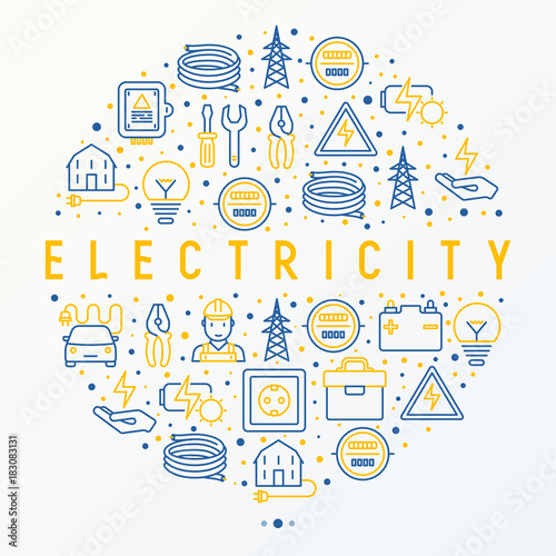 Electricity concept in circle with thin line icons: electrician, bulb, pylon, toolbox, cable, electric car, hand, solar battery. Vector illustration for banner, web page, print media. photo