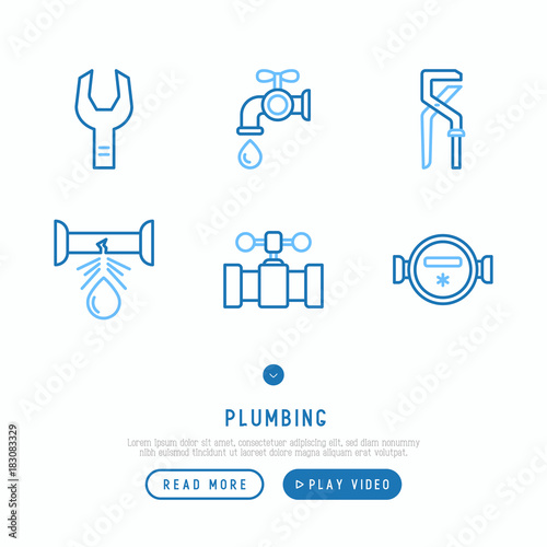 Plumbing thin line icons set of faucet, pipe, wrench, drop, leakage, meter. Modern vector illustration.