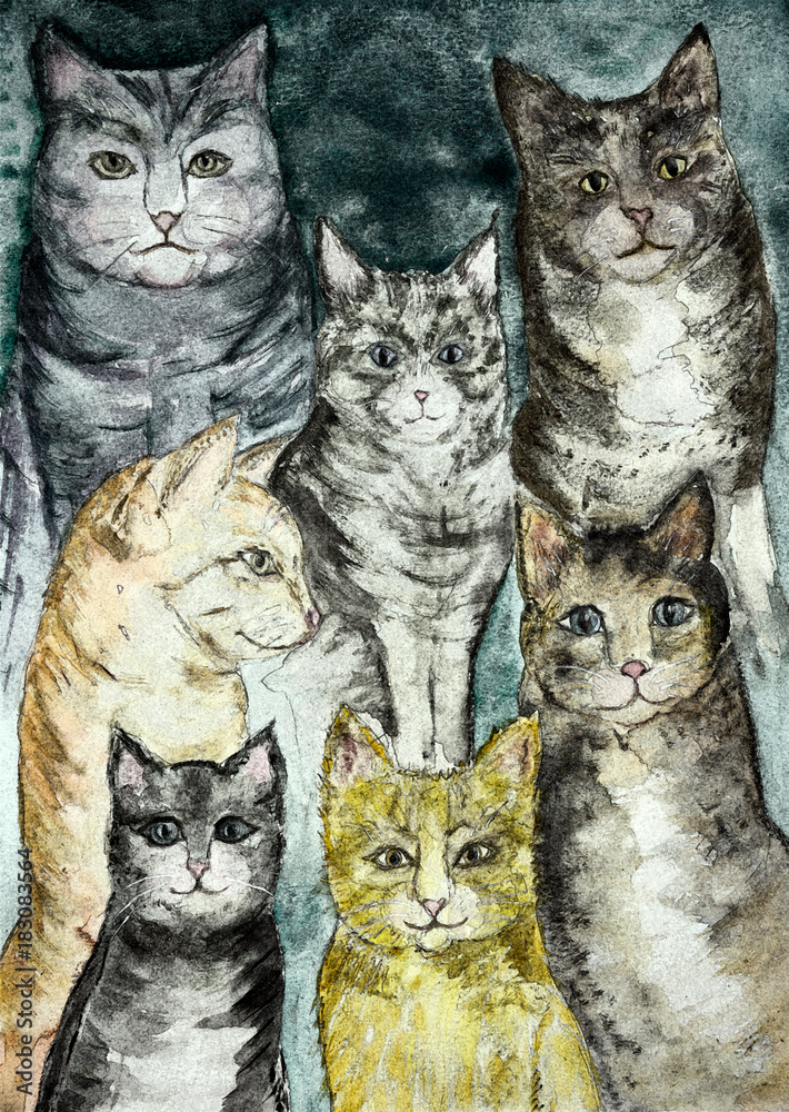 Obraz Zbierać różnego rodzaju nieociosanych koty z turkusowym tłem. Technika tarcia daje efekt miękkiego ogniska ze względu na zmienioną szorstkość powierzchni papieru.