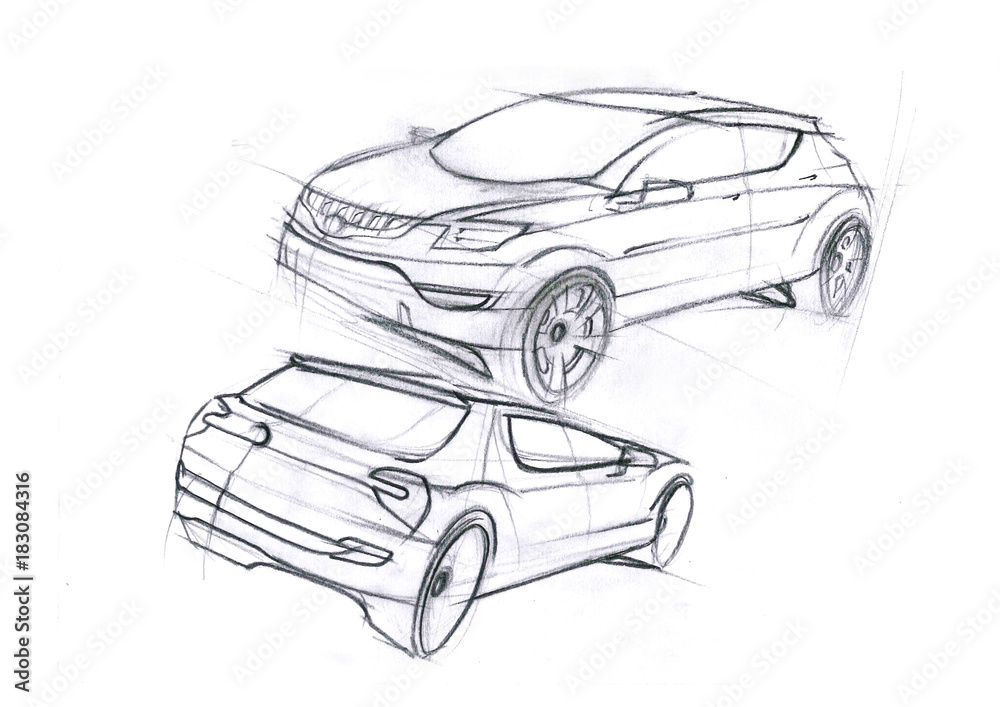 This is realistic painting sketch of sepia colour car. The car is concept sketch with dynamics lines.