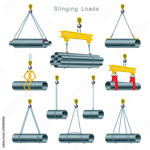 Proper use of slinging during the operation of a tower crane at the construction site. Slinging Loads. Set of vector illustrations on white background