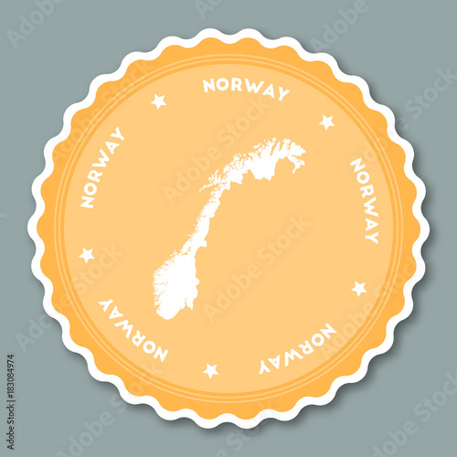 Norway sticker flat design. Round flat style badges of trendy colors with country map and name. Country sticker vector illustration.