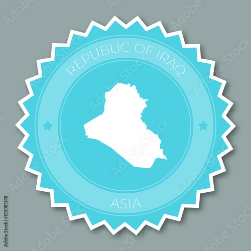 Iraq badge flat design. Round flat style sticker of trendy colors with country map and name. Country badge vector illustration.