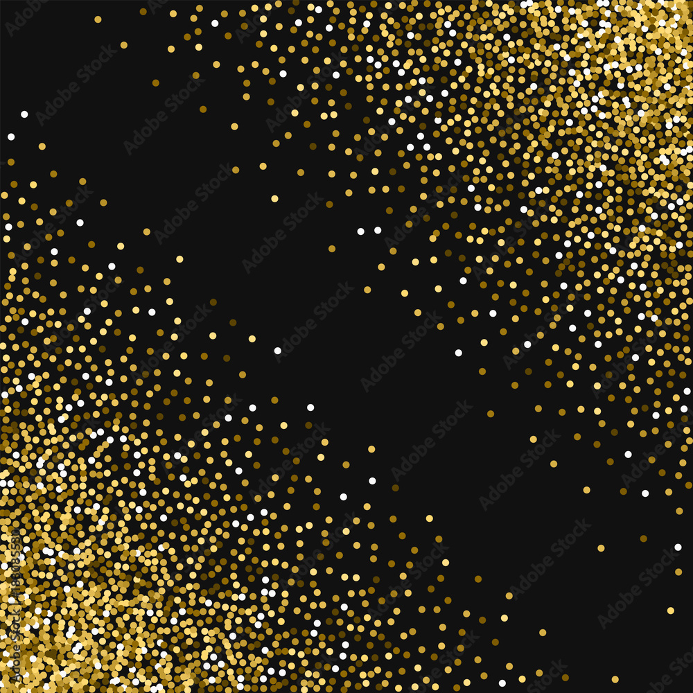 Round gold glitter. Abstract chaotic mess with round gold glitter on black background. Gorgeous Vector illustration.