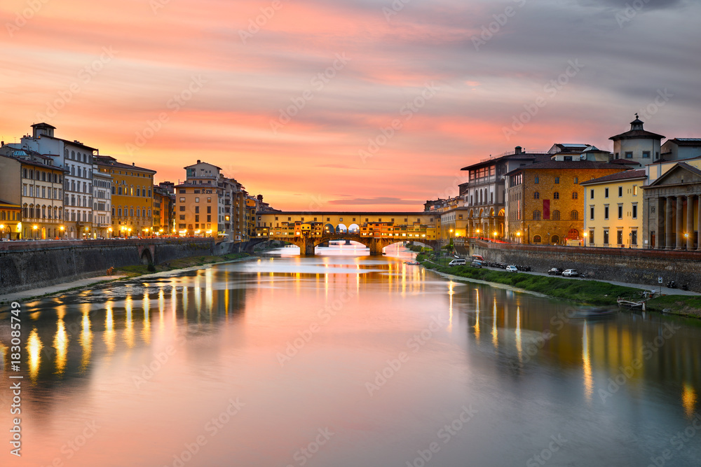 Cityscape at Ponte Vecchio over Arno River at Sunset, Florence, Tuscany, Italy