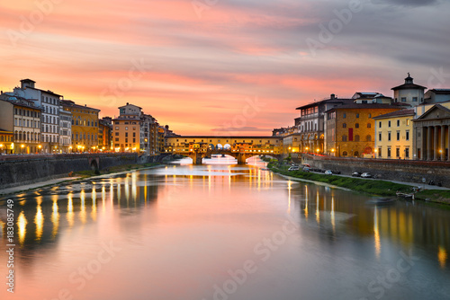 Cityscape at Ponte Vecchio over Arno River at Sunset  Florence  Tuscany  Italy
