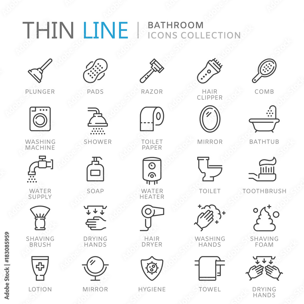 Collection of bathroom thin line icons