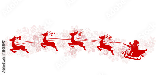 Christmas greeting poster with flying Santa on sledge, red reindeer and snowflakes, stock vector illustration