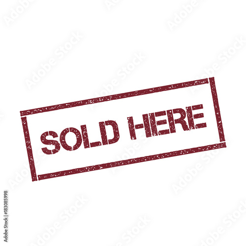 Sold here rectangular stamp. Textured red seal with text isolated on white background, vector illustration.