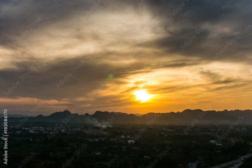 Landscape view of sunset with coutnryside town