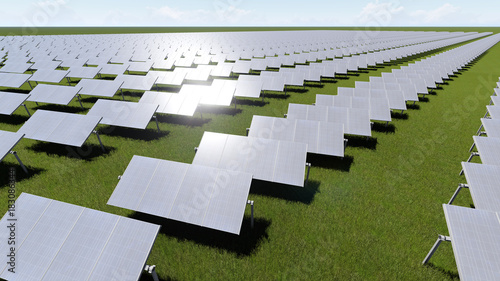 Solar panels with wind generator on clear sky 3D render