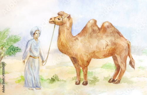 Watercolor illustration of camel and chasseur on desert background. Egypt scene.