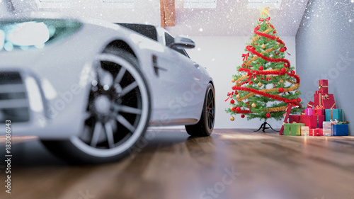 car in chrismas room and decorated.